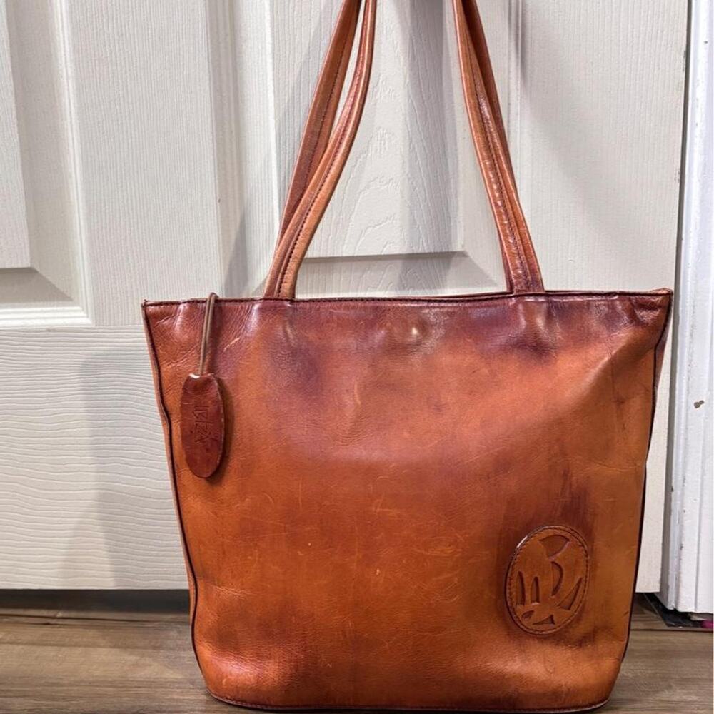 Vintage Burnt Leather Brown Tote Bag! Top Handle Leather Tote Bag. Ibiza